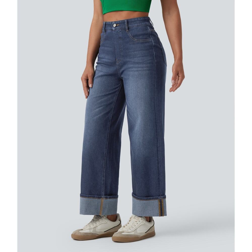 Halara Flex High Rise Wide Leg Cropped Jeans Large Petite - Picture 2 of 4
